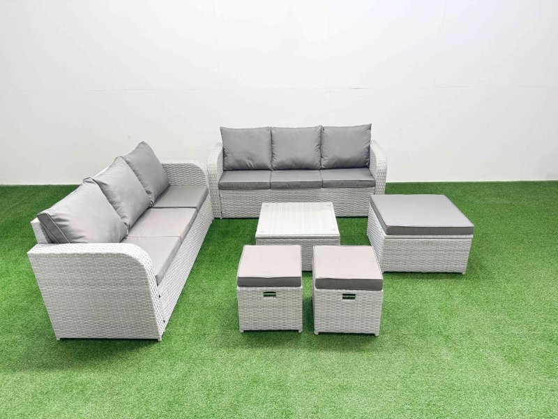 Fimous Outdoor Garden Furniture Sets 9 Seater Wicker Rattan Furniture Sofa Sets with Square Coffee Table high Back Lounge Sofa 3 Stools Light Grey