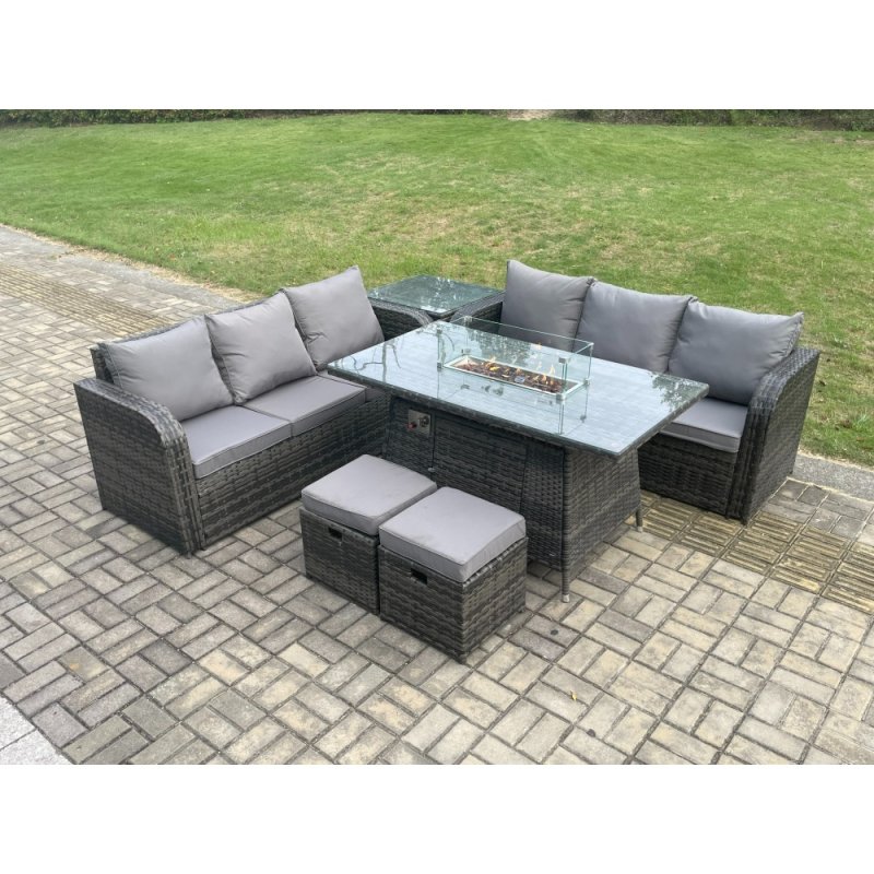 Fimous Rattan Garden Furniture Set with Fire Pit Table 8 Seater Outdoor Patio Lounge Sofa Set Dark Grey Mixed