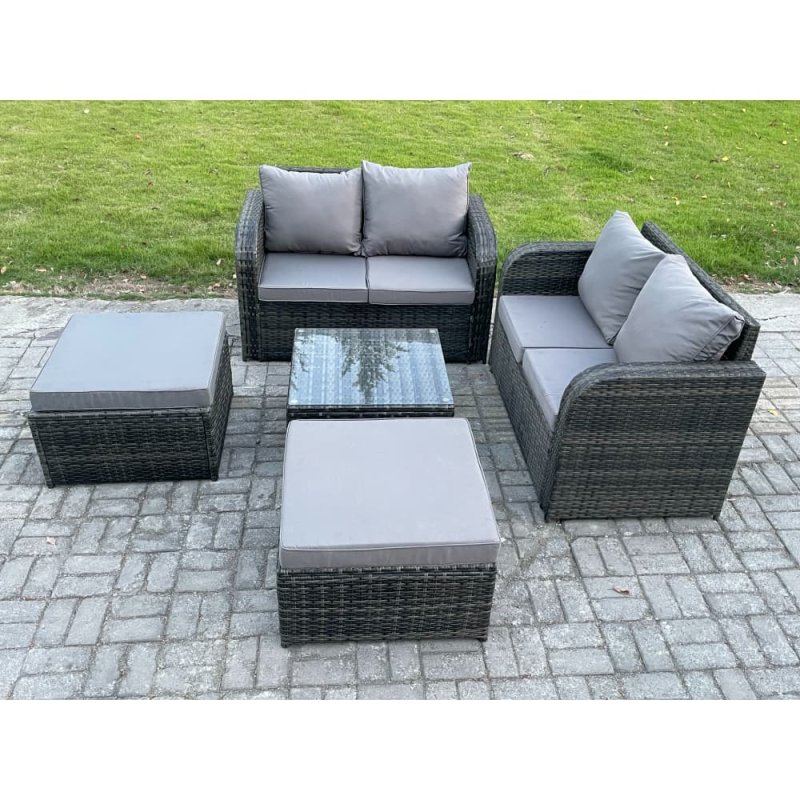 Fimous Rattan Sofa Set Outdoor Garden Furniture Set with Square Coffee Table Loveseat Sofa 2 Big Footstool Dark Grey Mixed