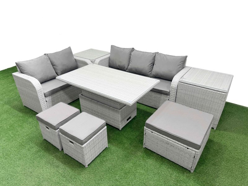 Fimous 8 Seater PE Rattan Wicker Garden Furniture Patio Conservatory Sofa Set with Adjustable Lifting Dining or Coffee Table 3 Seater Sofa Love Sofa 3 Stool 2 Side Table