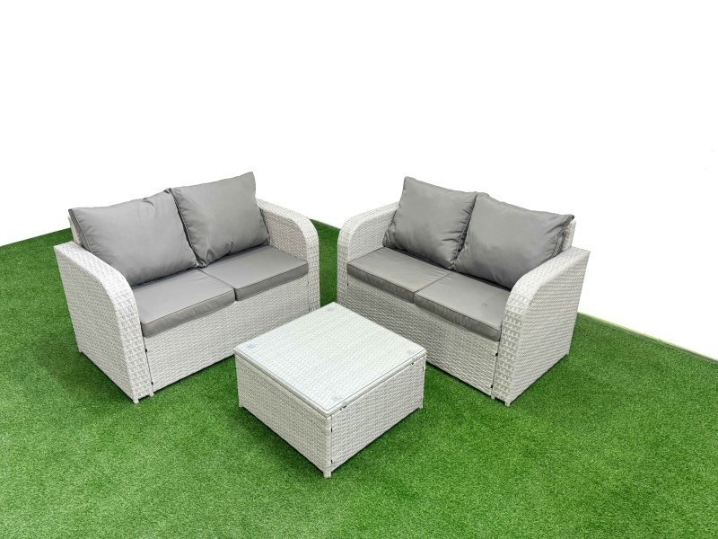 Fimous 4 Seater Outdoor Love Sofa Set Rattan Garden Furniture Set with Square Coffee Table Light Grey