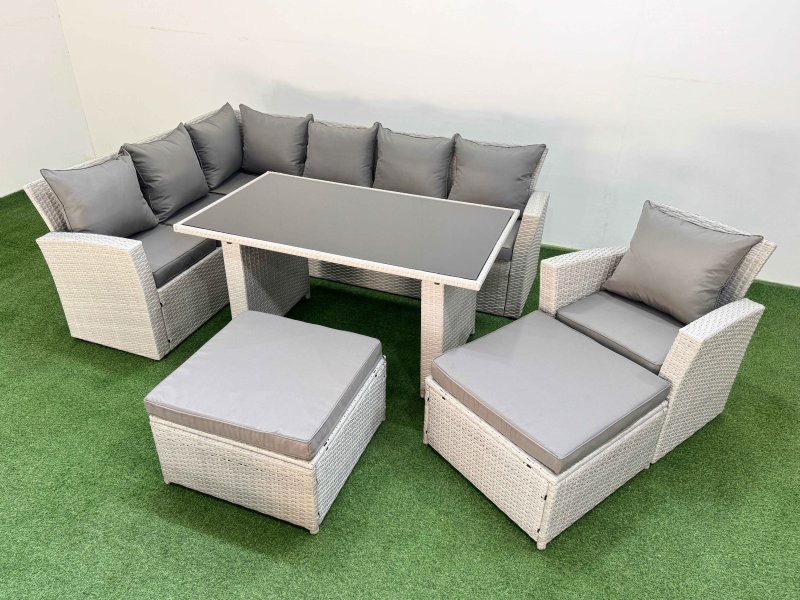 Fimous 9 Seater Wicker Rattan Corner Sofa Sets Outdoor Garden Furniture Sets with Rectangular Dining Table Lounge Sofa 2 Big Footstools Armchair Light Grey