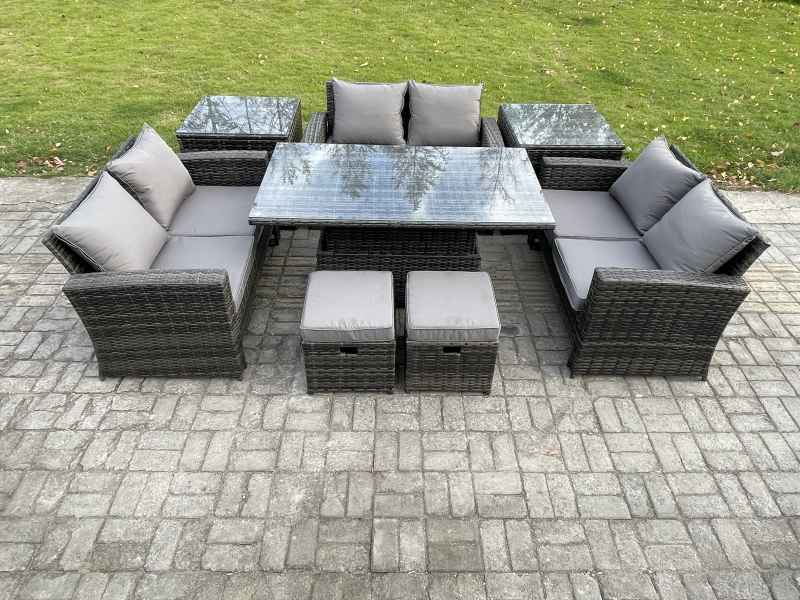 Fimous Wicker PE Rattan Garden Furniture Set Height Adjustable Rising Lifting Table Sofa Dining Set with Double Seat Sofa 2 Small Footstools 2 Side Tables Dark Grey Mixed