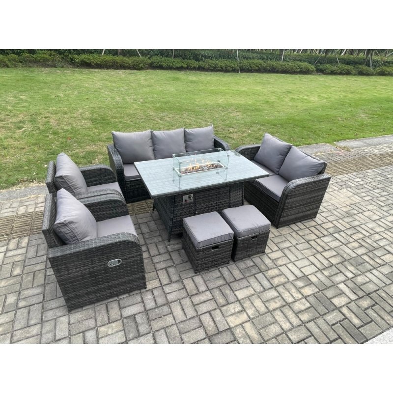 Fimous Garden Patio Furniture Wicker Rattan Gas Fire Pit Table and Sofa Chair set with 2 Small Footstools Dark Grey Mixed