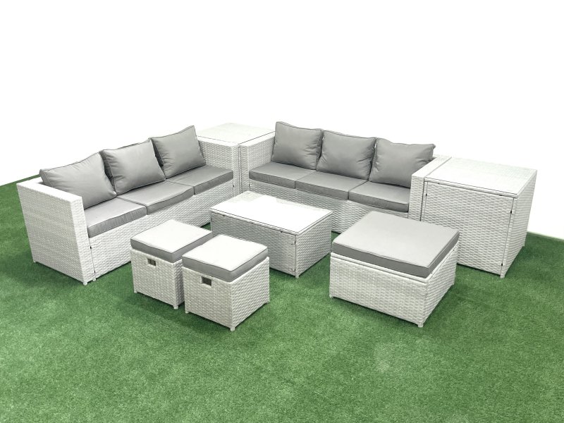 Fimous Garden Outdoor PE Rattan Furniture Set 9 Seater Rattan Garden Sofa Set with 3 Footstools 2 Side Tables Light Grey Mixed
