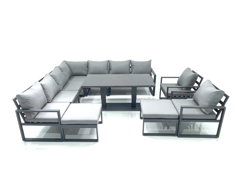Fimous 11 Seater Outdoor Aluminum Garden Furniture Set Corner Sofa 2 Chair 2 Big Footstools Adjustable Rising Lifting Dining Table Sets Dark Grey