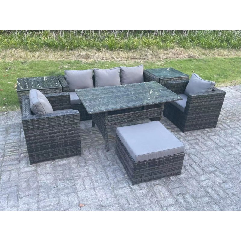 Fimous 6 Seater Rattan Garden Furniture Set Patio Outdoor Rectangular Dining Table Lounge Sofa Chair with 2 Side Table Stool Dark Grey Mixed