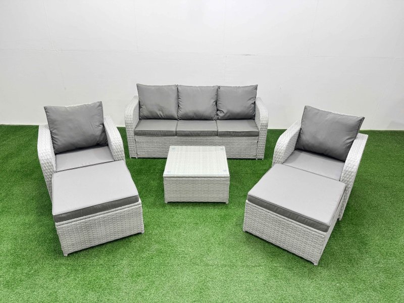 Fimous PE Rattan Garden Furniture Set Reclining Chair Sofa Lounge Sofa Set Square Coffee Table 2 Big Footstool Light Grey