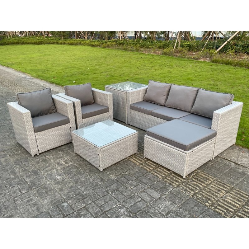 Fimous 6 Seat Light Grey Lounge Outdoor PE Rattan Garden Furniture Set Wicker Sofa Set Square Coffee Table Armchair