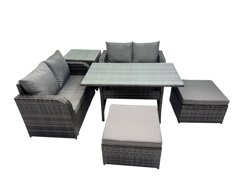 Fimous Wicker PE Rattan Garden Outdoor Furniture Set Love Sofa Dining Table Sets with Side Table 2 Big Stools Dark Grey Mixed
