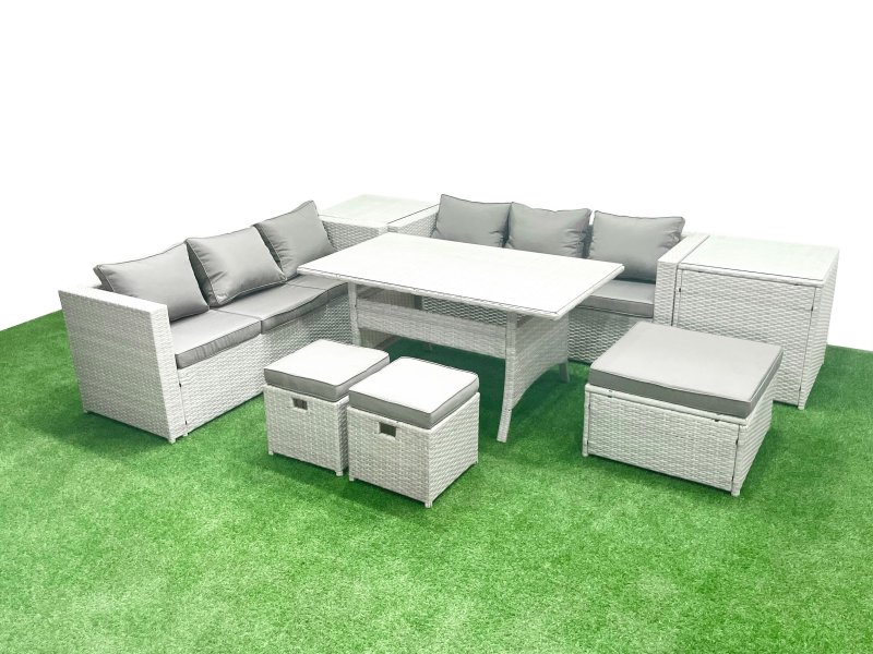 Fimous Rattan Garden Furniture Set 9 Seater Outdoor Sofa Set with Dining Table 2 Side Tables 3 Footstools Light Grey Mixed