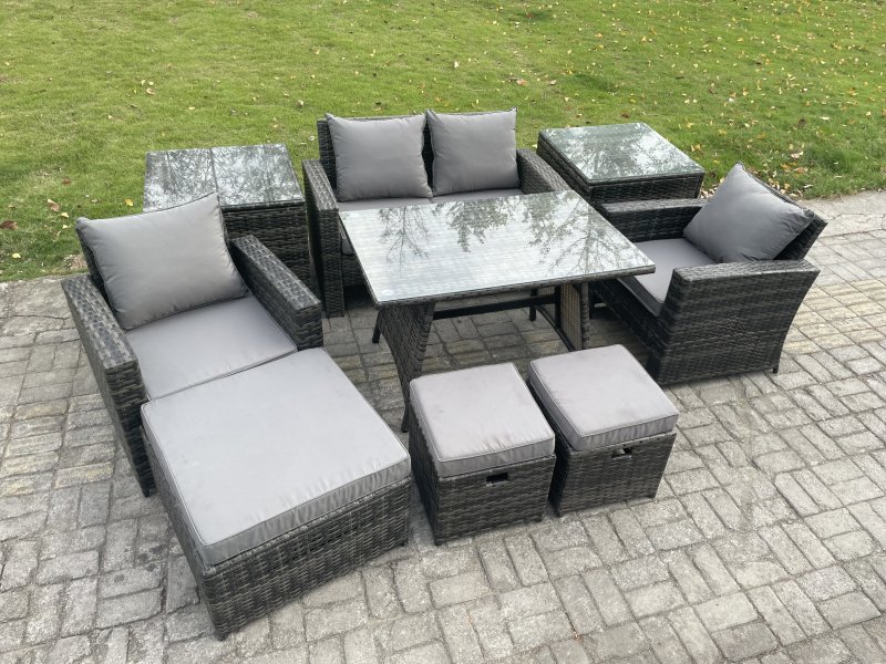 Fimous Rattan Wicker Garden Furniture Patio Conservatory Sofa Set with Rectangular Dining Table Armchair 2 Seater Sofa 3 Footstools 2 Side Tables