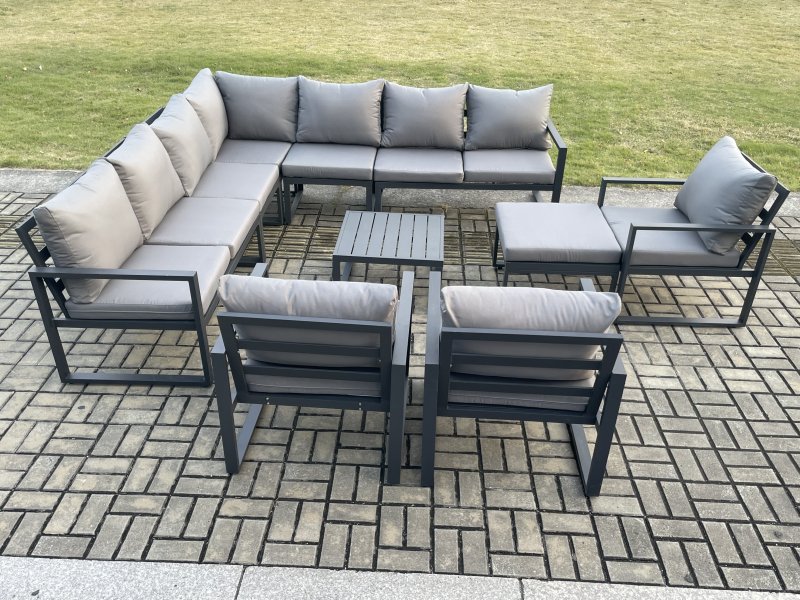 Fimous Outdoor Garden Furniture Patio Lounge Corner Sofa Aluminium Set with Square Coffee Table Big Footstool 3 Chair Dark Grey