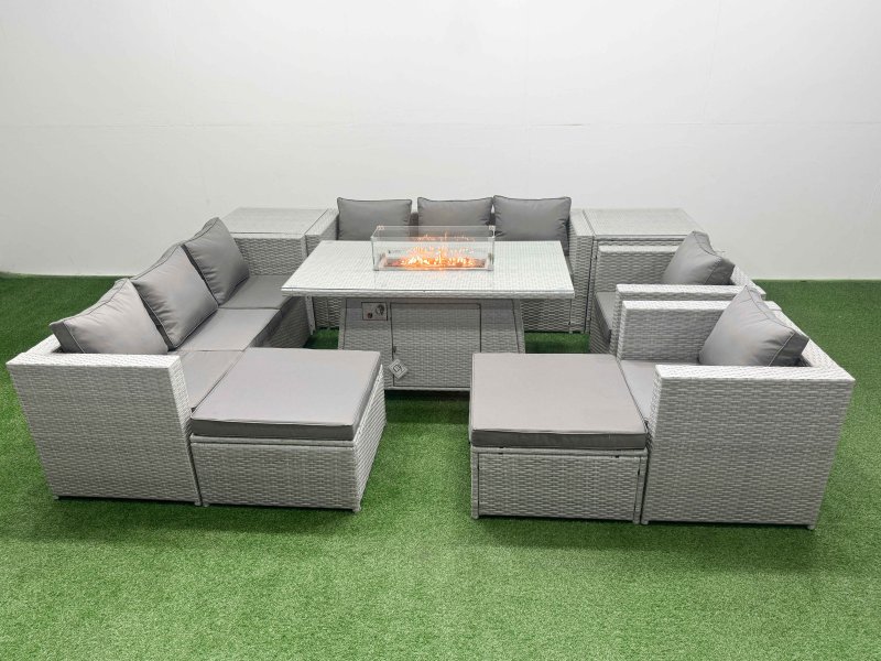 Fimous 10 Seat PE Rattan Lounge Sofa Set Outdoor Garden Furniture Set with Firepit Dining Table 3 Seater Sofa 2 Side Tables 2 Big Footstool Light Grey