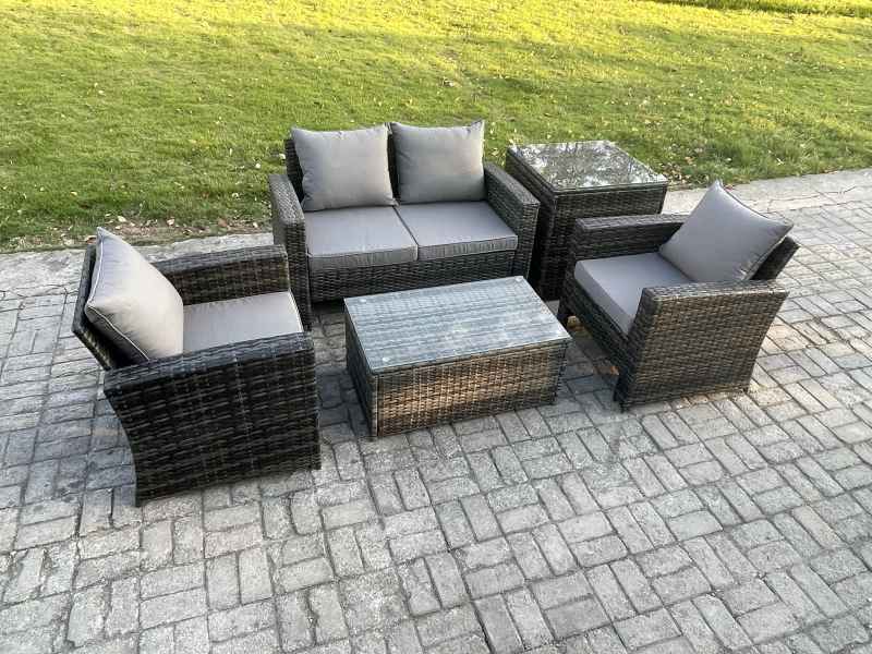 Fimous Outdoor Lounge Sofa Set Wicker PE Rattan Garden Furniture Set with Rectangular Coffee Table Double Seat Sofa Side Table Dark Grey Mixed