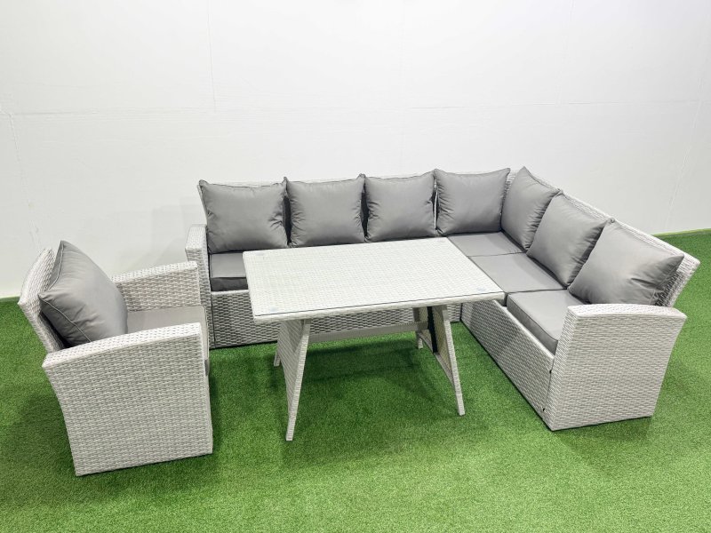 Fimous 7 Seater Garden Outdoor Rattan Furniture Set Rattan Corner Sofa Oblong Dining Table with Armchair Light Grey Mixed