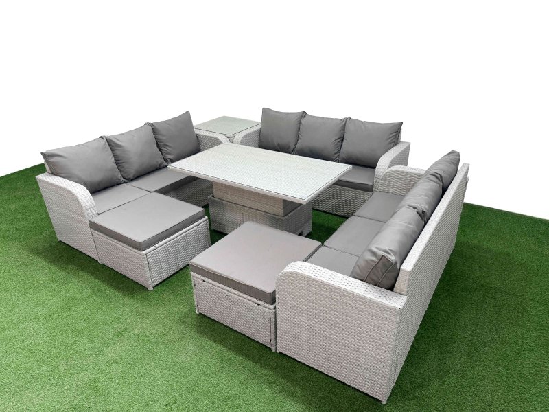 Fimous PE Rattan Lounge Sofa Set 11 Seater Outdoor Garden Furniture Set with Adjustable Lifting Dining or Coffee Table 3 Seater Sofa 2 Big Footstools Side Table Light Grey