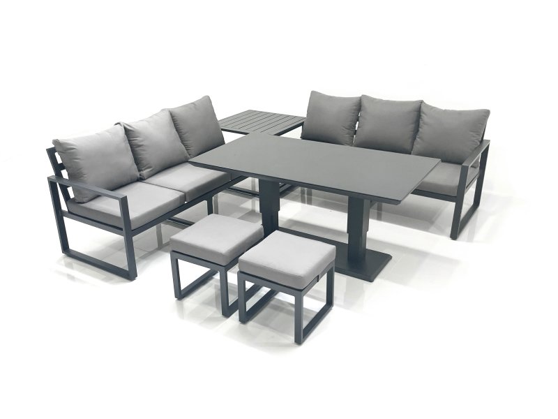 Fimous 8 Seater Aluminium Outdoor Garden Furniture Set with Adjustable Rising Lifting Dining Table 3 Seater Sofa 2 Small Footstool Side Table Dark Grey