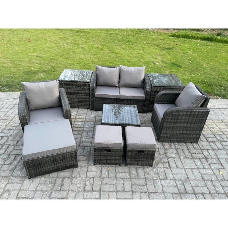 Fimous Rattan Garden Furniture Set Patio Conservatory Indoor Outdoor 9 Piece Set with Love Sofa Square Coffee Table 3 Footstools 2 Side Tables