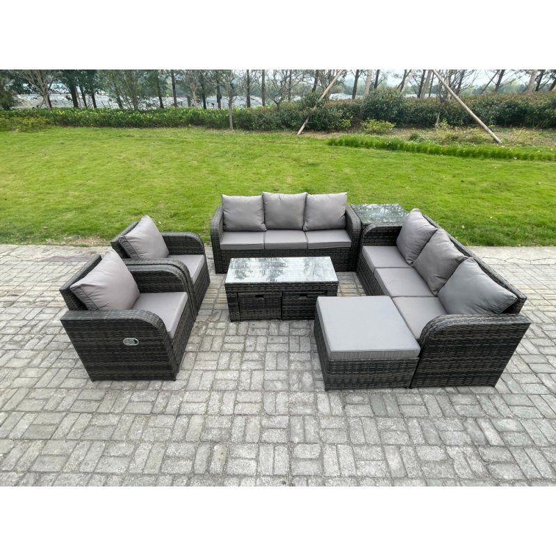 Fimous 11 Seater Wicker PE Rattan Sofa Set Outdoor Patio Garden Furniture with 2 Reclining Chairs Coffee Table Side Table 3 Footstools Dark Grey Mixed