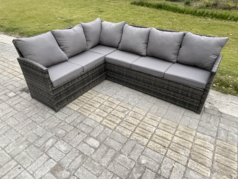 Fimous Outdoor Rattan Garden Furniture Corner Sofa Set with Rectangular Dining Table Patio Wicker Rattan Set Dark Grey Mixed