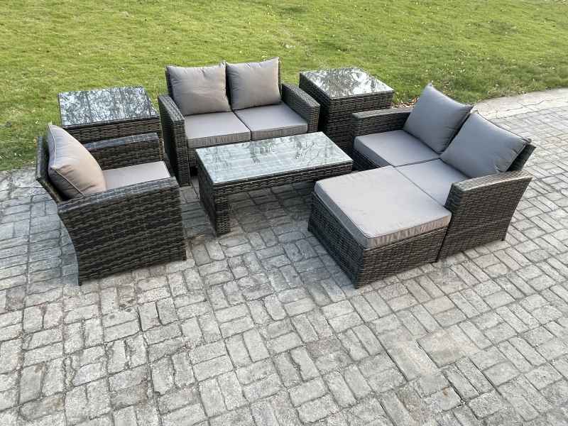 Fimous 7pcs Rattan Outdoor Garden Furniture Sofa Set with Coffee Table 2 Side Tables Big Footstool Dark Grey Mixed