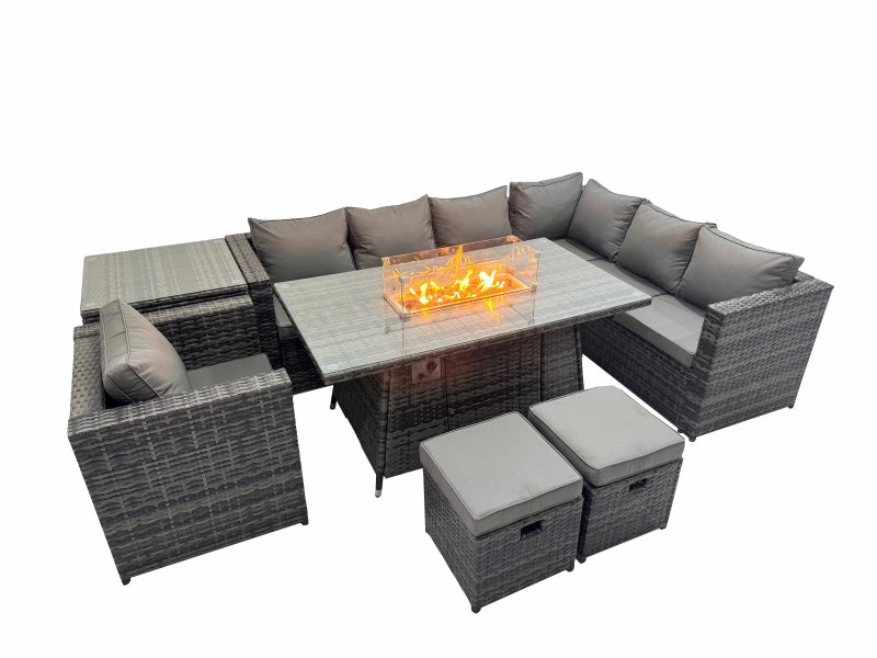 Fimous Garden Rattan Furniture Set 9 Seater Outdoor Corner Sofa Chair Gas Firepit Dining Table Set with 2 Small Stools Side Table Dark Grey