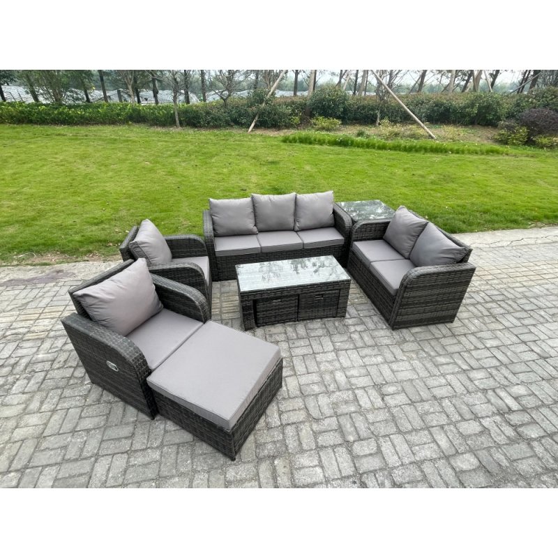 Fimous 10 Seater Outdoor Rattan Garden Furniture Set Rattan Lounge Sofa Set with Rectangular Coffee Table Side Table 3 Footstools Dark Grey Mixed