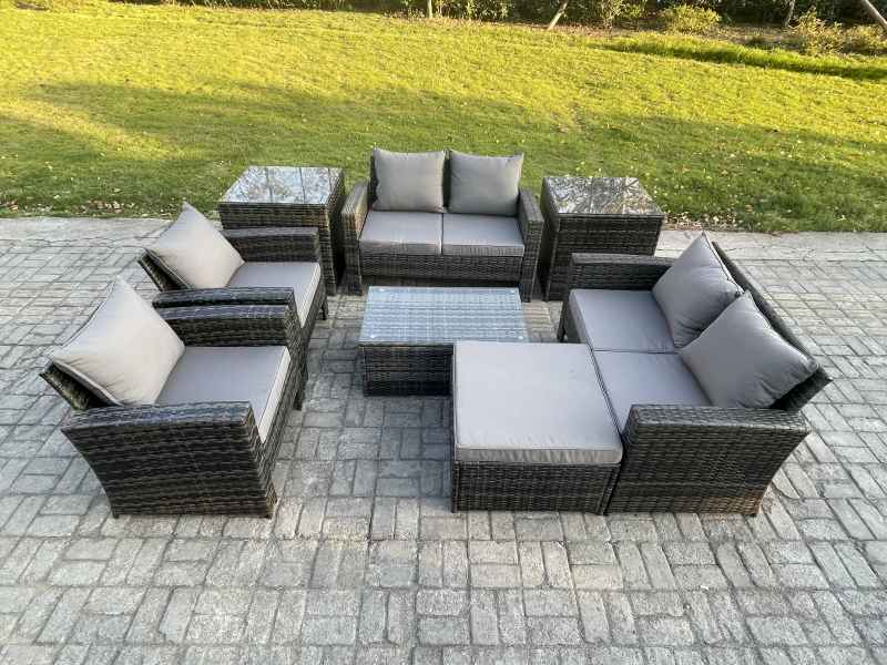 Fimous Garden Furniture Sets 8 Pieces Outdoor Rattan Furniture Manual Wicker Patio Sofa Chair Set with Coffee Table 2 Side Tables Big Footstool Dark Grey Mixed