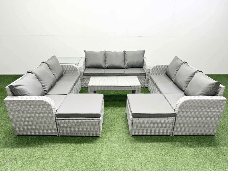 Fimous PE Rattan Lounge Sofa Set 11 Seater Outdoor Garden Furniture Set with Oblong Coffee Table 3 Seater Sofa 2 Big Footstools Side Table Light Grey