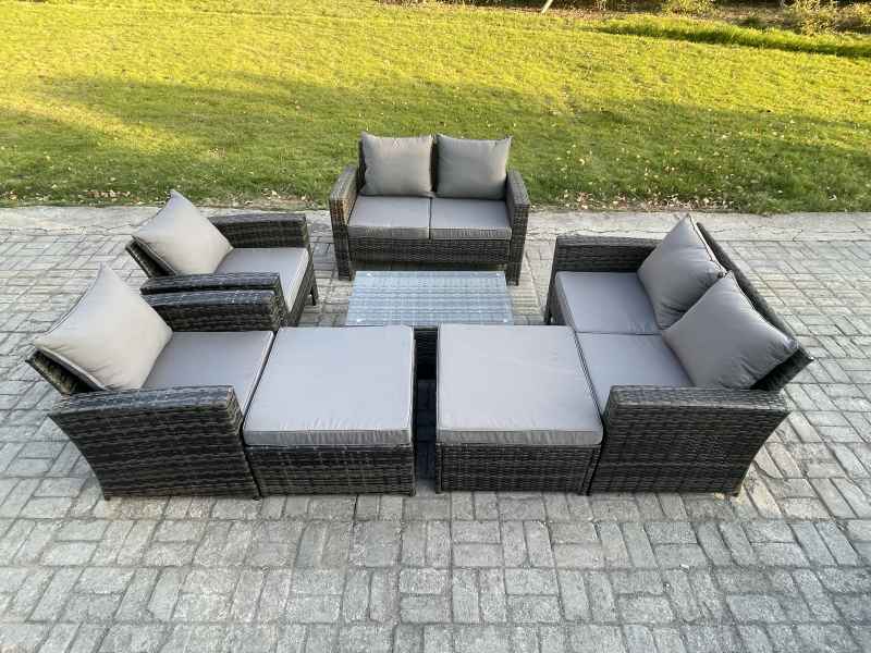 Fimous Outdoor Rattan Garden Furniture Set 8 Seater Patio Lounge Sofa Set with Coffee Table 2 Big Footstool Dark Grey Mixed