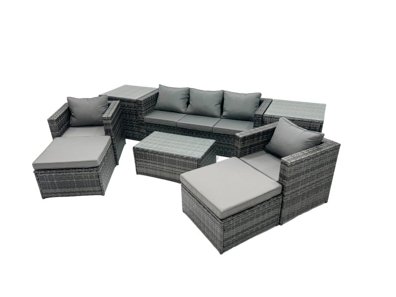 Fimous Outdoor Coffee Table Sofa Armchair Set with 2 Side Tables 2 Big Stools Garden Furniture Set Dark Grey Mixed