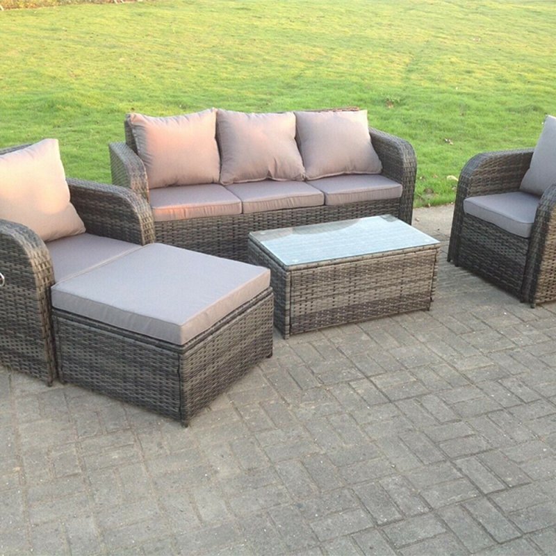 Fimous Dark Grey Mix PE Wicker Rattan Garden Furniture Set Sofa Set Reclining Adjustable Chair 6 Seater Oblong Coffee Table