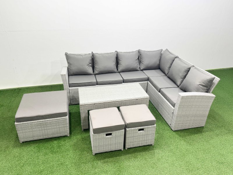 Fimous 9 Seater Garden Outdoor Rattan Furniture Set Rattan Corner Sofa Oblong Coffee Table Set with 3 Footstools Light Grey Mixed