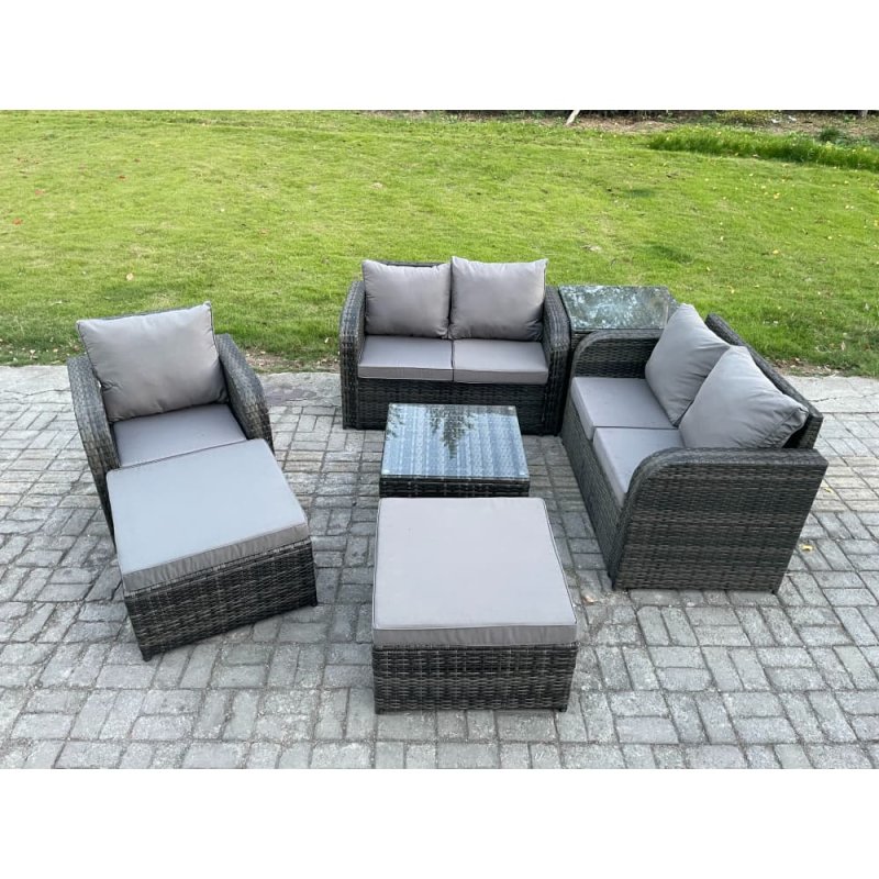 Fimous PE Rattan Garden Furniture Sets Outdoor Love Sofa Chair Set Square Coffee Table Side Table 2 Big Footstool