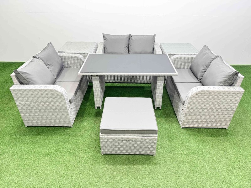 Fimous 7 Seater Patio Garden Furniture Sets with Black Glass Top Dining Table Love Sofa 2 Side Tables Big Stool Light Grey