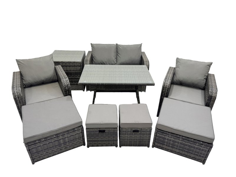 Fimous 8 Seater Garden Outdoor Rattan Furniture Set Rattan Sofa Oblong Dining Table with 2 Big Stools Side Table Dark Grey