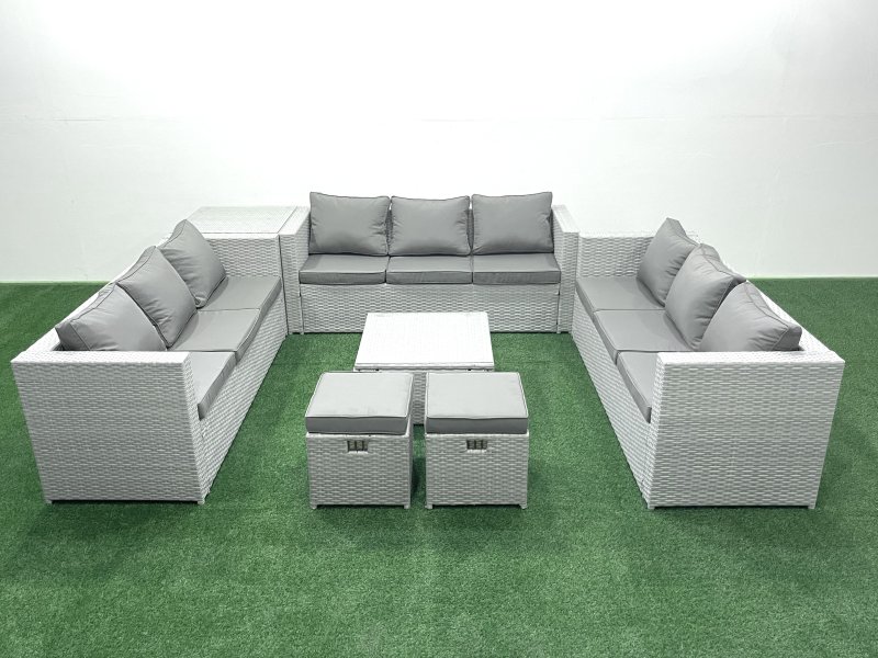 Fimous Rattan Garden Outdoor Furniture Set 11 Seater Rattan Garden Sofa Set with 2 Small Footstool Side Table Light Grey Mixed