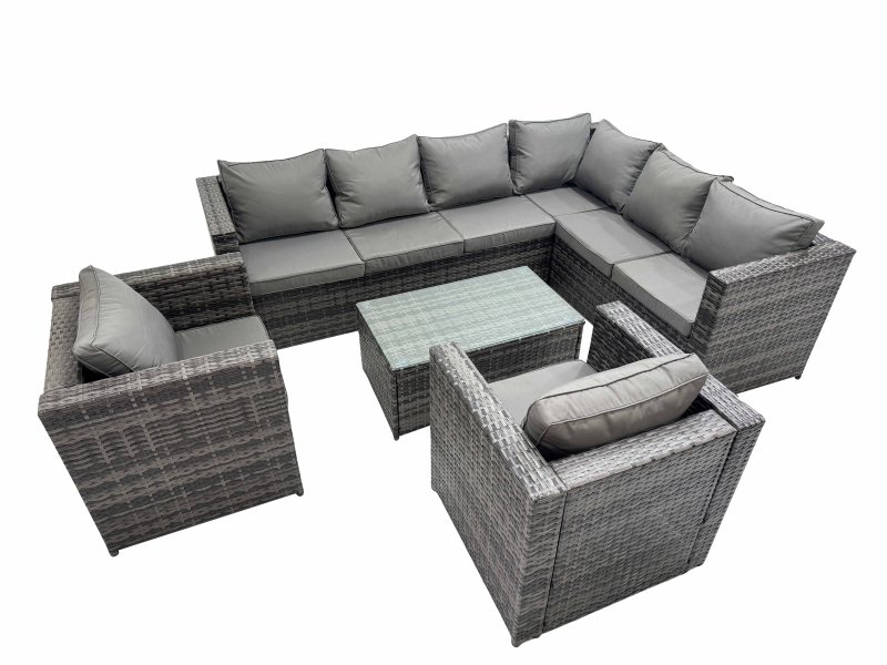 Fimous Patio Sofa Oblong Coffee Table Set Rattan Garden Furniture Set with 2 Chairs Dark Grey Mixed