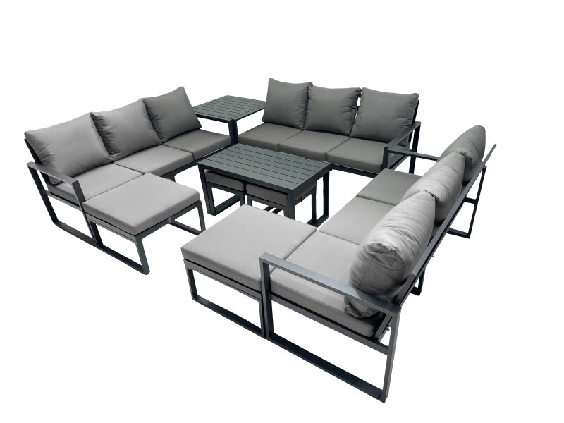 Fimous Outdoor Garden Furniture Set Aluminium Lounge 3 Seat Sofa Oblong Coffee Table Sets with 4 Stools Side Table Dark Grey