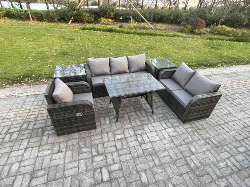 Fimous 6 Seater Outdoor Rattan Garden Furniture Set Patio Lounge Sofa Set with Dining Table 2 Side Tables Dark Grey Mixed
