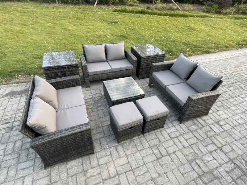 Fimous Outdoor Lounge Sofa Set Wicker PE Rattan Garden Furniture Set with Square Coffee Table Double Seat Sofa 2 Small Footstools 2 Side Tables Dark Grey Mixed
