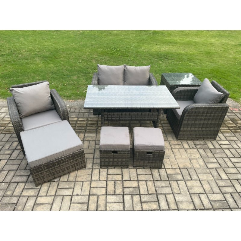 Fimous Rattan Outdoor Garden Furniture Set Rectangular Dining Table and Chair Sofa Set With Side Table 3 Footstools Dark Grey Mixed