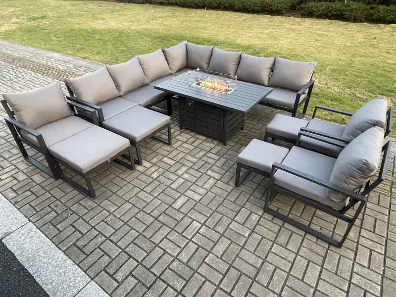 Fimous Aluminium 14 Seater Lounge Corner Sofa Outdoor Garden Furniture Sets Gas Fire Pit Dining Table Set Dark with 3 Chairs 2 Big Footstools 2 Small Footstools Grey