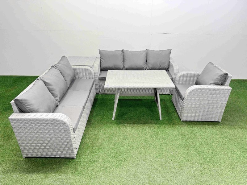 Fimous 5 Pieces Outdoor PE Rattan Garden Furniture with Cushions Reclining Chair Side Table Light Grey