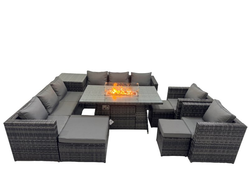 Fimous 11 Seater Garden Outdoor Rattan Furniture Set Patio Corner Sofa Gas Firepit Dining Table with Side Table 3 Stools Dark Grey