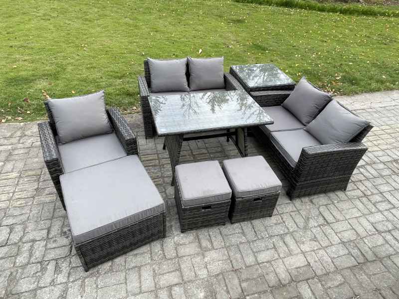 Fimous 8 Seater Garden Dining Set Wicker PE Rattan Outdoor Furniture Sofa with Rectangular Dining Table Double Seat Sofa Side Table 3 Footstools Dark Grey Mixed
