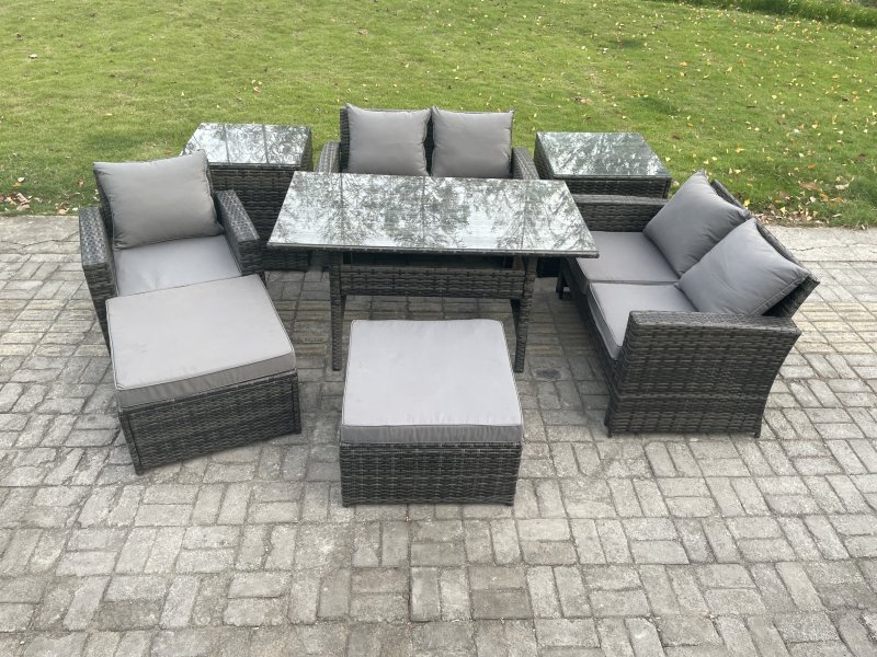 Fimous Outdoor Garden Dining Set Wicker PE Rattan Furniture Sofa with Rectangular Dining Table Double Seat Sofa 2 Side Tables 2 Big Footstool Dark Grey Mixed