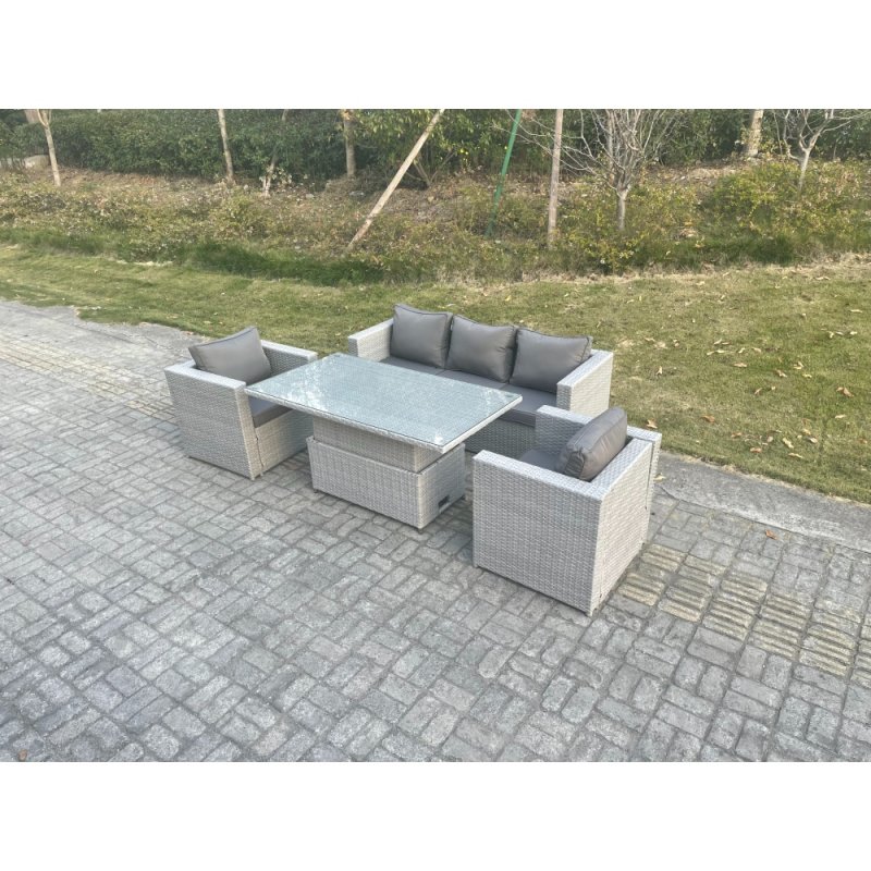 Fimous Rattan Garden Funiture Set Height Adjustable Rising Lifting Table Sofa Dining Set With 2 Arm Chair