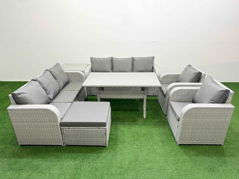 Fimous PE Rattan High Back Lounge Sofa Set Patio Rectangular Dining Table & Chairs Set with 3 Seater Sofa Reclining Chair Big Footstool Side Table Light Grey